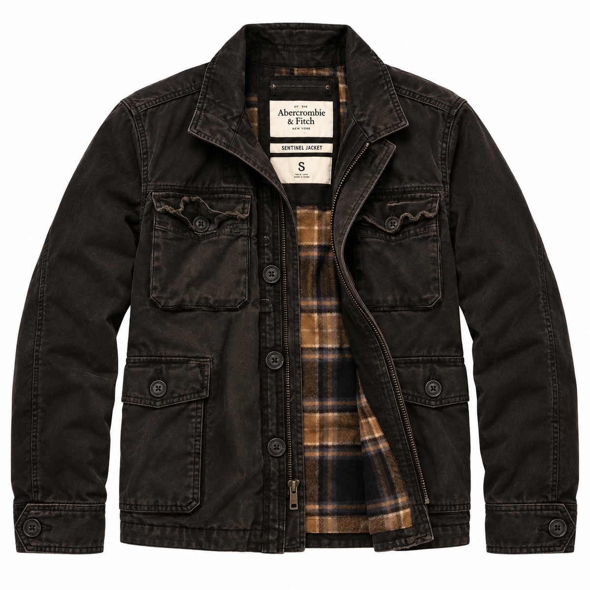 Black Plaid-Lined Heavy Jacket — Front