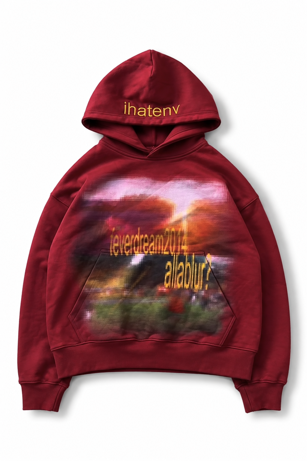 Maroon Feverdream graphic hoodie, front view