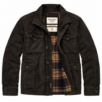 Black Plaid-Lined Heavy Jacket — Front