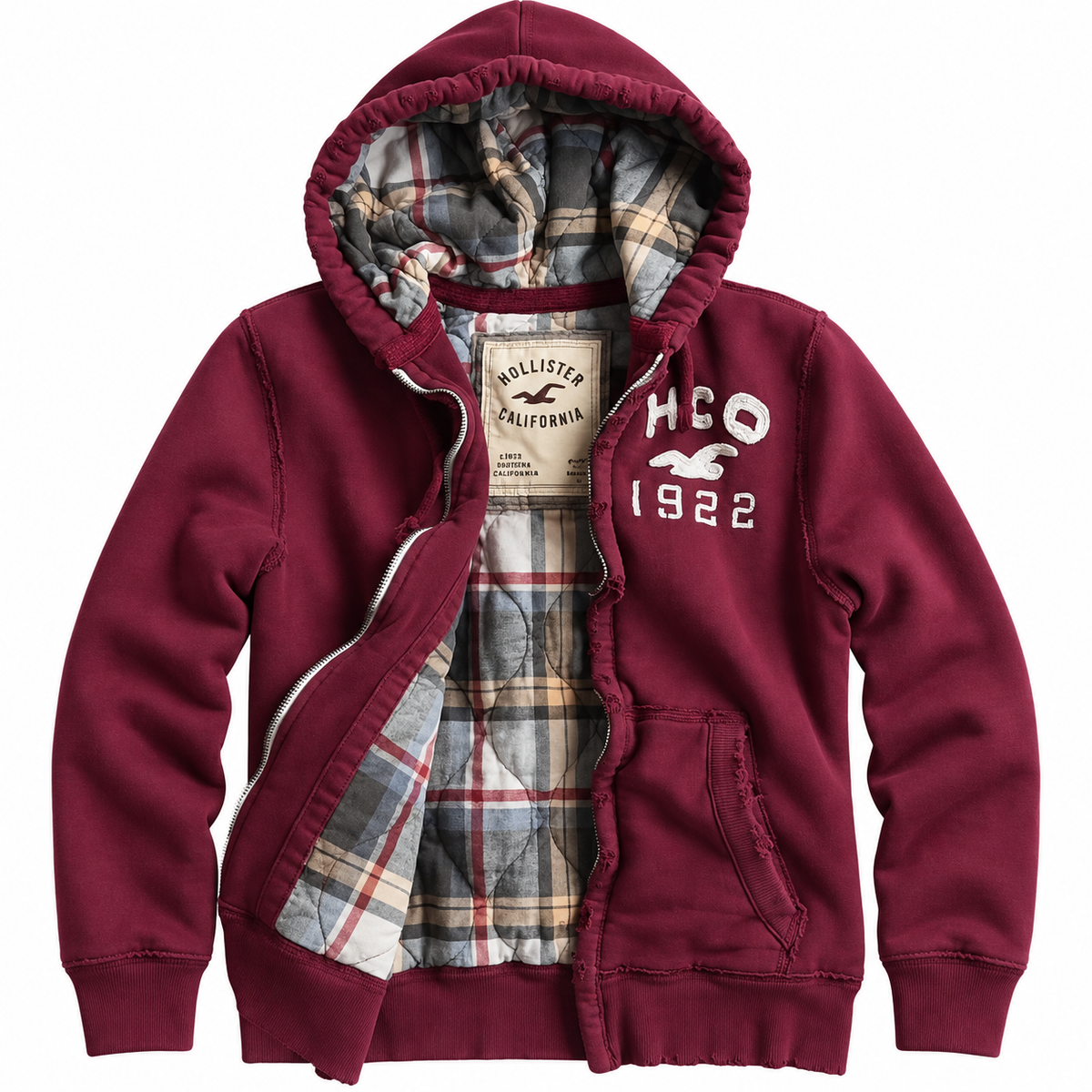 Burgundy HCO 1922 Plaid Zip Hoodie — Front