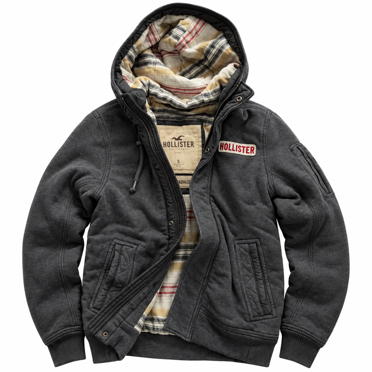 Charcoal Patch Plaid Zip Hoodie — Front