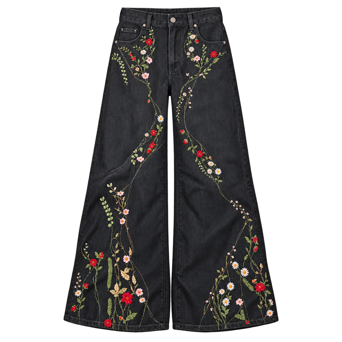 Black Floral Jeans — Front