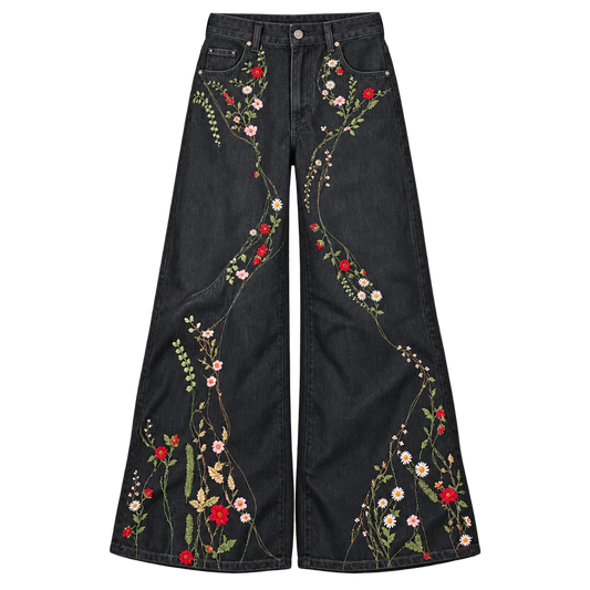 Black Floral Jeans — Front