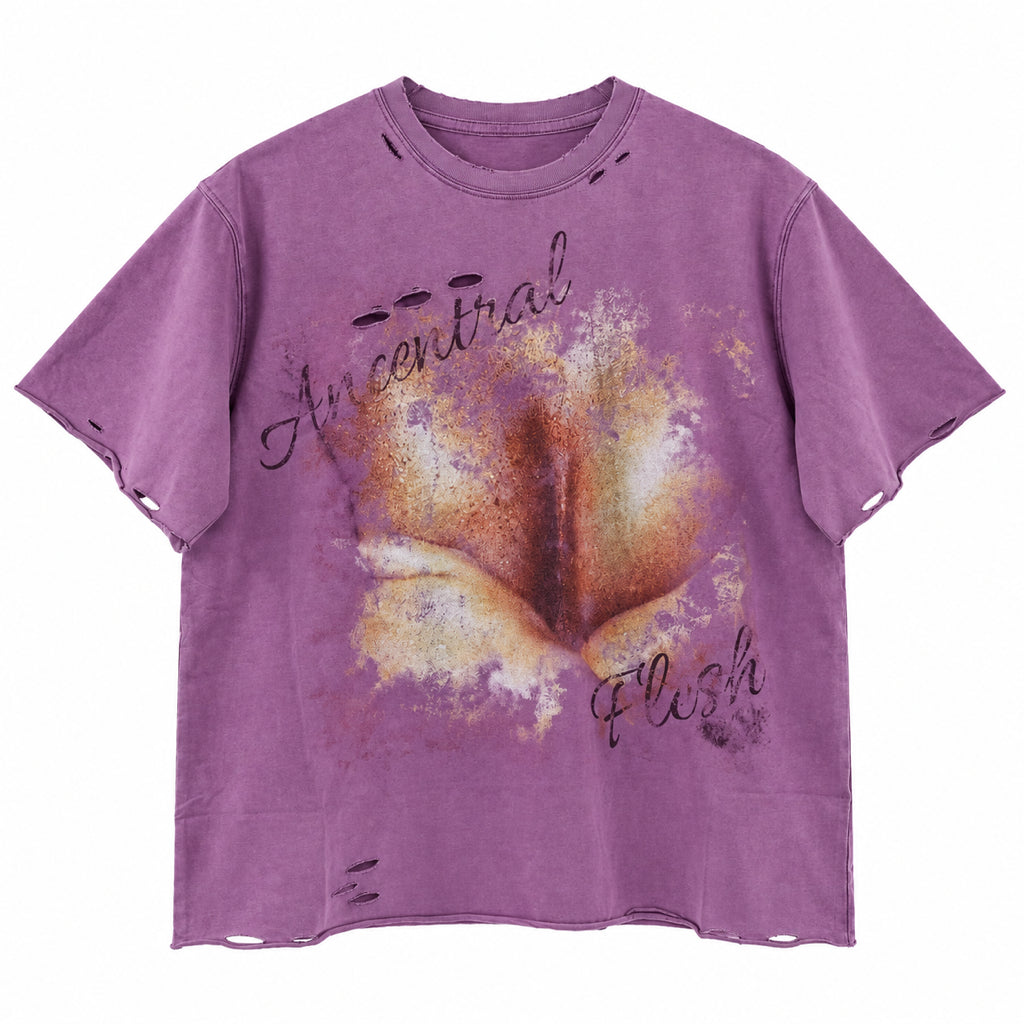Eternal Flora Tee — purple distressed floral T-shirt, front view
